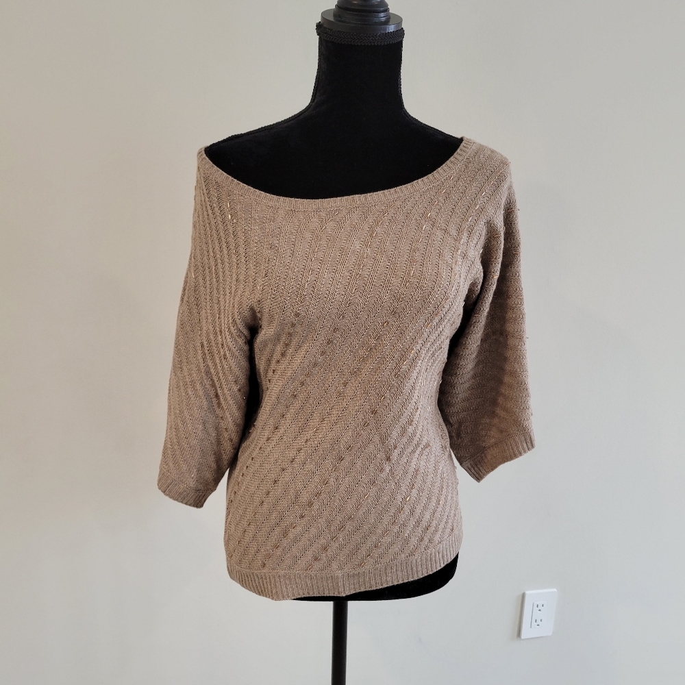 New York & Company Short-sleeved  Embellished Sweater Tan
